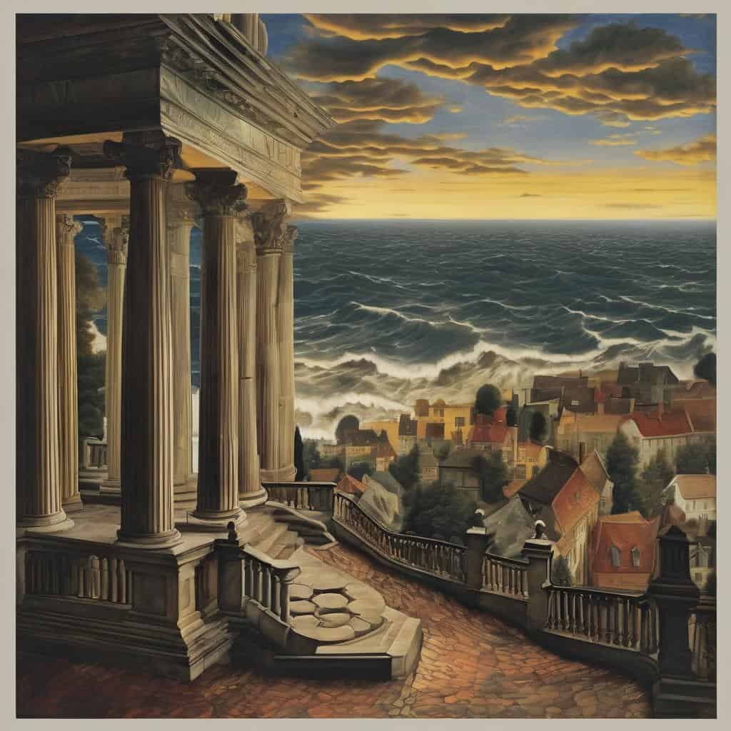 Παλιόκτιστος ναός με κίονες και εντυπωσιακή θέα στη θάλασσα και το ηλιοβασίλεμα.