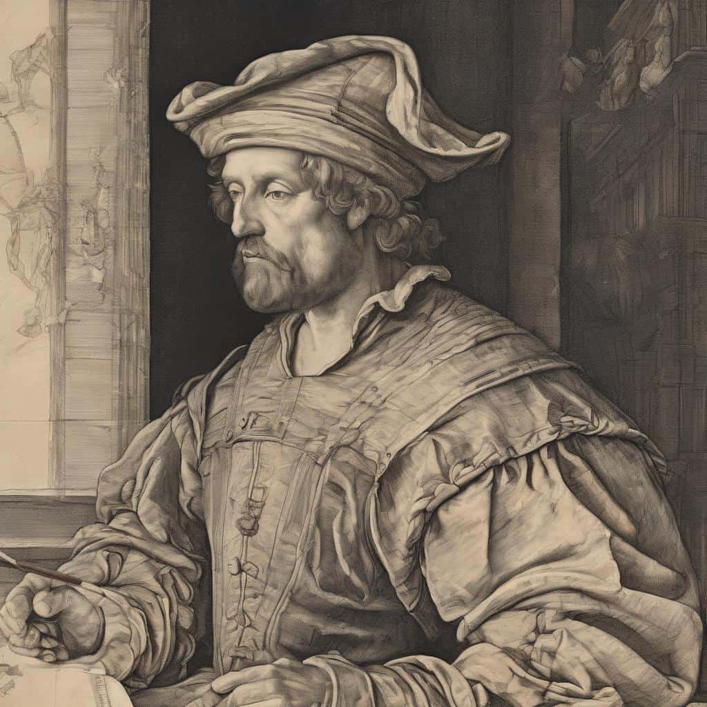 Ανθρώπινο πορτρέτο κλασικού καλλιτέχνη με τυπική επίπλωση, εστιάζοντας στην τέχνη και το δημιουργικό έργο.