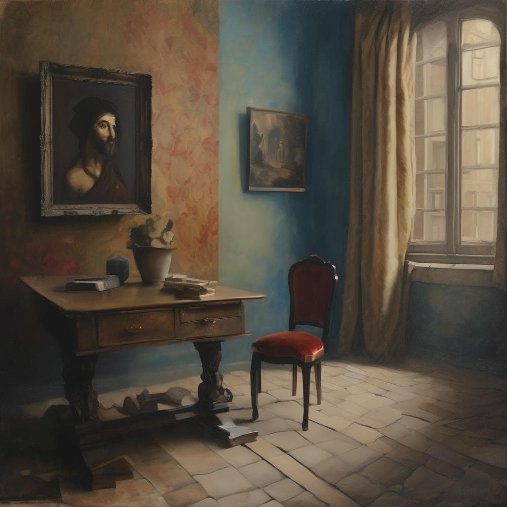 Παραδοσιακό εσωτερικό χώρου με καρέκλα, πίνακες και παράθυρο, εμπνευσμένο από την τέχνη και τον δημιουργό.