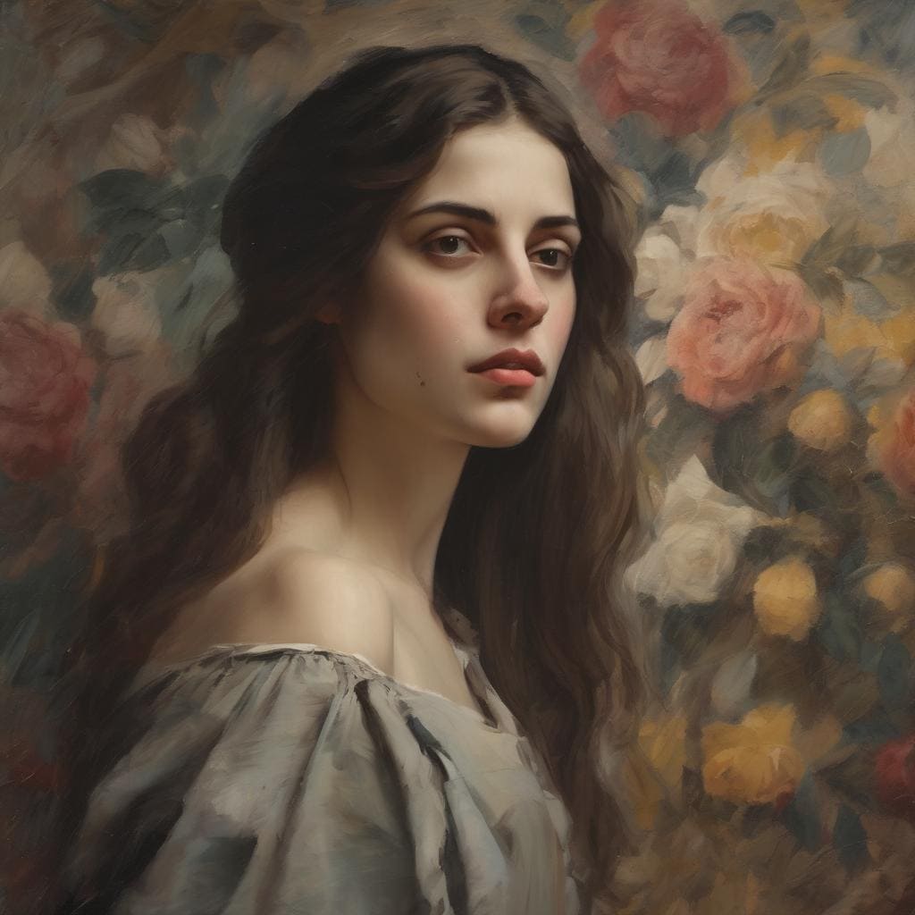 Ομορφη νεαρή γυναίκα με καστανά μακριά μαλλιά και σκούρα μάτια σε πορτρέτο, φόντο με ροδοπέταλα.