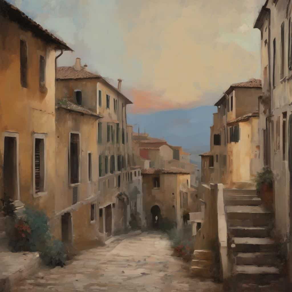 Παλιό πέτρινο χωριό με γραφικά στενά δρομάκια και παραδοσιακά σπίτια στην Ιταλία, τέχνη και πολιτισμός.