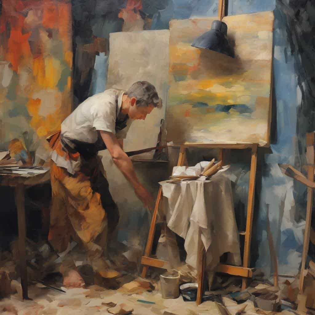 Ζωγράφος στο εργαστήριο δημιουργίας τέχνης, αναπτύσσοντας το ρόλο του δημιουργού στην τέχνη.